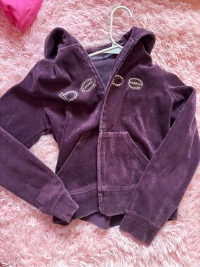 BEBE Purple Hooded Rhinestone Zip Jacket